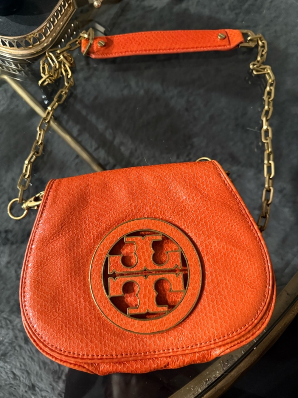 Tory Burch Orange Leather Logo Crossbody Saddle Bag